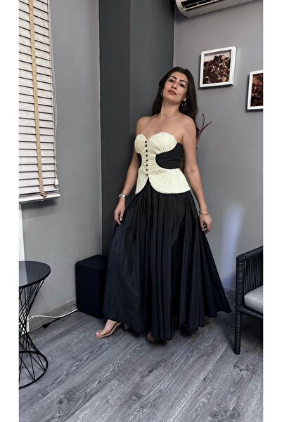 Şen butik Ekru Pliseli Düğmeli Korse Bluz Büstiyer
