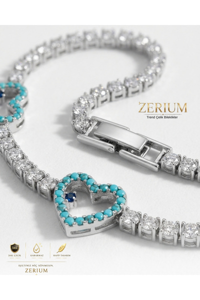 ZERİUM سوار نسائي من الفولاذ المقاوم للصدأ بحجر الفيروز على شكل قلب باللون الفضي