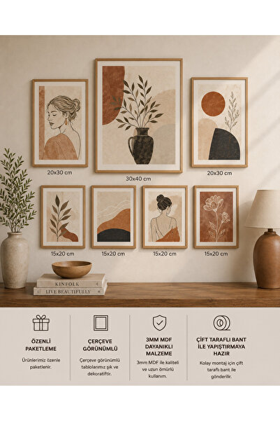 UNT 7'li Çerçeve Görünümlü Tablo Seti | Bohem Soyut Modern | İskandinav Minim...