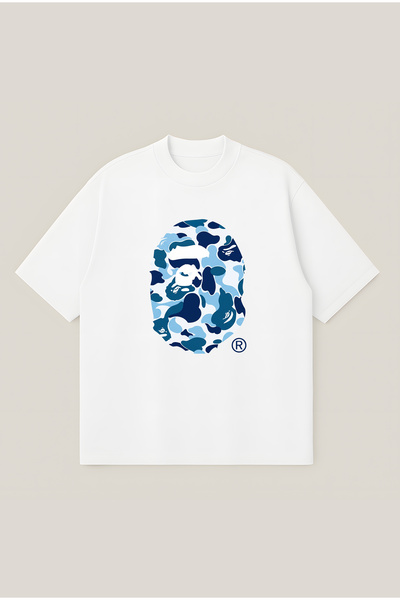 Moon Dancer Bape Mavi Ocean Baskılı Oversize Boxy Kesim Unisex %100 Pamuklu T...
