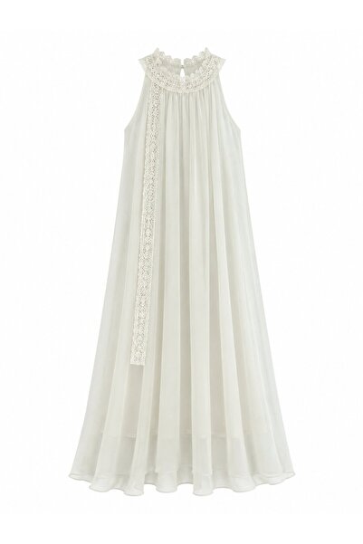 Laluvia Ecru Collar Lace Long Dress - 3438