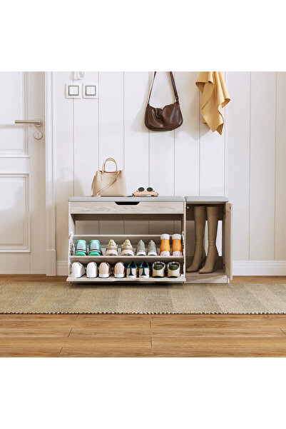 Arabest Light Oak Shoe Storage Bench with Grey Cushioned Seat, Double Flip Dr...