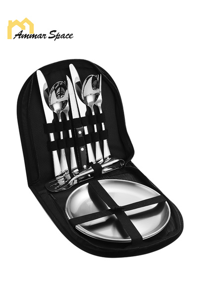 Ammar Space طقم أدوات مائدة محمول من 5 قطع مع حافظة، طقم ملعقة وشوكة وسكين من...