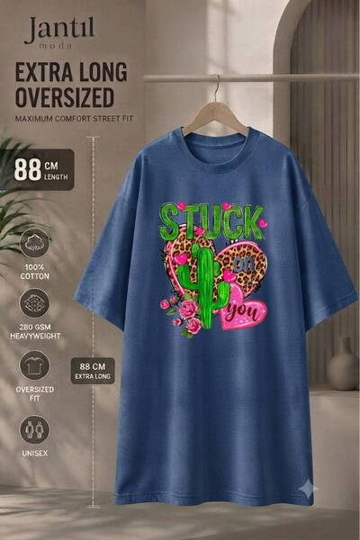 JANTIL MODA تي شيرت تونيك طويل جدًا بأكمام قصيرة مزين بطباعة Yaka Cactus وLeo...