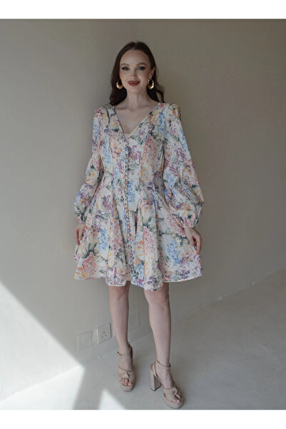 2TRENDY Women's Floral Print Long Flare Sleeve Multi Color Block Short Dress