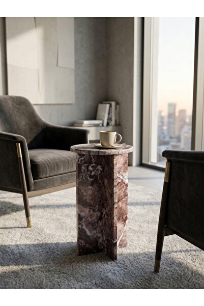 Pergamon Marble & Design Koyu Menekşe Mermer Yan Sehpa – 30 cm Çap x 60 cm Yü...