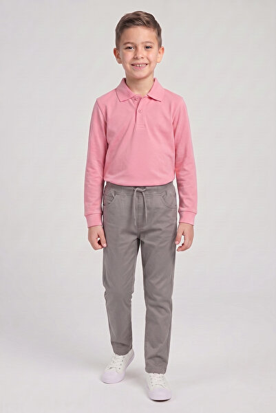 nacar çarşı Boys' Pink Long Sleeve Polo Collar T-Shirt Gray Ribbed Waist Canv...
