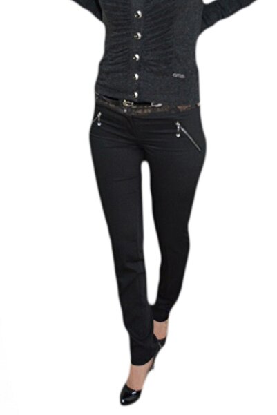 OEM Pantalon usor elastic, nuanta de negru, betelie cu model