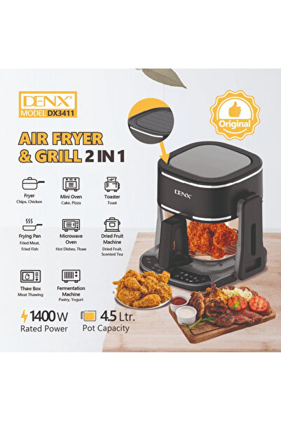 Denx قلاية هوائية وشواية كهربائية 2 في 1 DX3411 بسعة 4.5 لتر و1400 واط