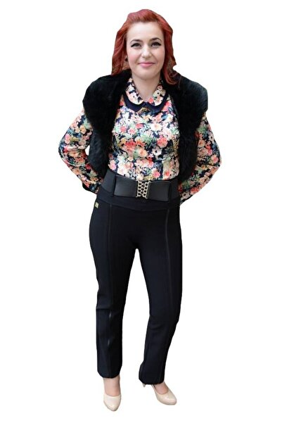 OEM Pantalon rafinat din material elastic de nuanta neagra, cu curea