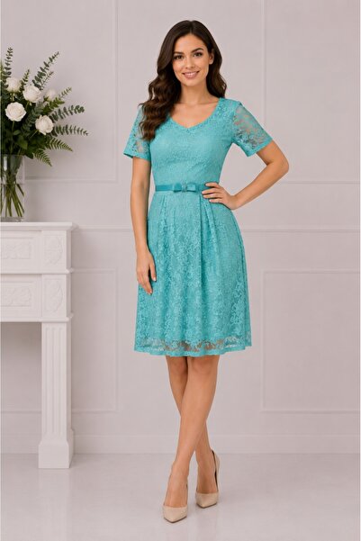 OEM Rochie eleganta din dantela, de nuanta turcoaz, cu croiala lejera