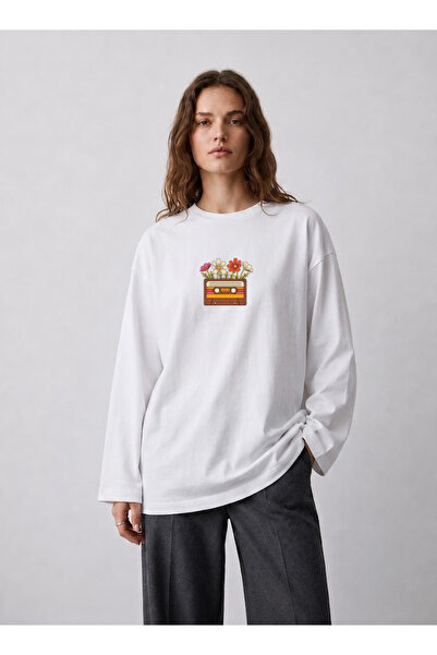Grafftee Clothing Beyaz Oversize Geniş Kesim Uzun Kollu %100 Pamuk Yazlık Bas...