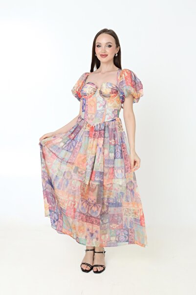 2TRENDY Women's Multicolor Print Long Dress with Puffed Sleeves