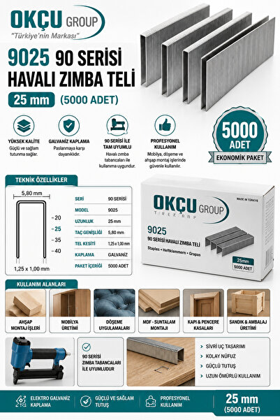 Okçu Havalı Zımba Teli 25 mm 9025 90 Serisi (5000 adet)