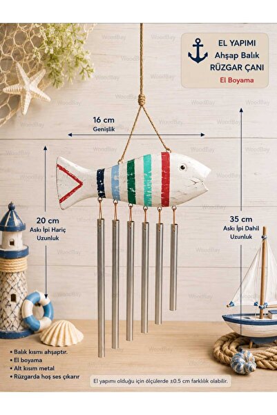 WoodBay El Yapımı Ahşap Balık Rüzgar Çanı 35 cm – Metal Çanlı Dekoratif Balko...