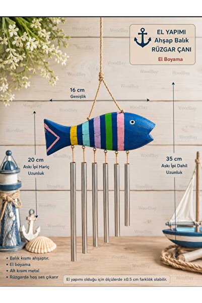 WoodBay El Yapımı Ahşap Balık Rüzgar Çanı 35 cm – Metal Çanlı Dekoratif Balko...