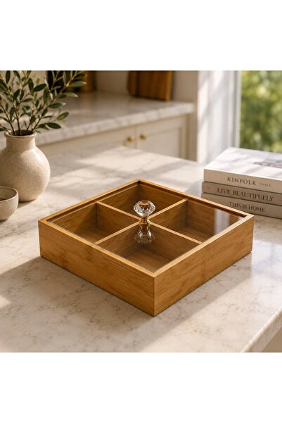 Askımo Bambu Kapaklı 4 Bölmeli Organizer & Kahvaltılık & Sunum Kutusu