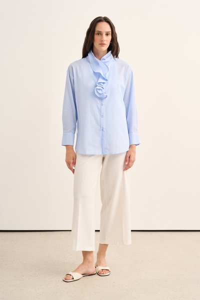 EBU Prive Women's Cotton Ruffle Shirt Blue