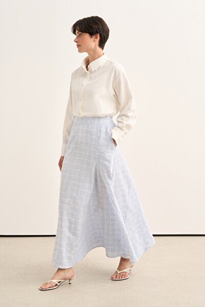 EBU Prive Women's Cotton Pieced Flounce Skirt Plaid Blue