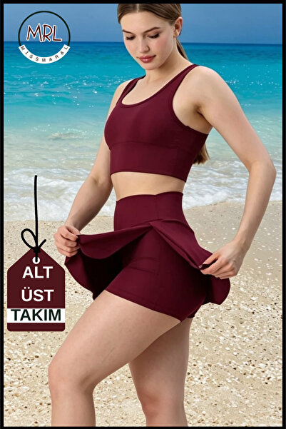 missmaral Kadın Bordo Şortlu Mayo Takımı İçten Boxerlı 2 Katmanlı Cepli Göğüs Pedli Toparlayıcı
