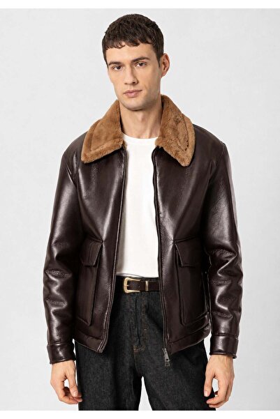 Antioch Brown/Camel Lining Detailed Faux Leather Coat