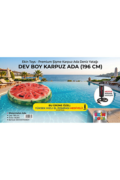 Intex 56283 Karpuz Ada Yatak 196 cm - Dev Boy Şişme Deniz ve Havuz Yatağı (Pompa Hediyeli)