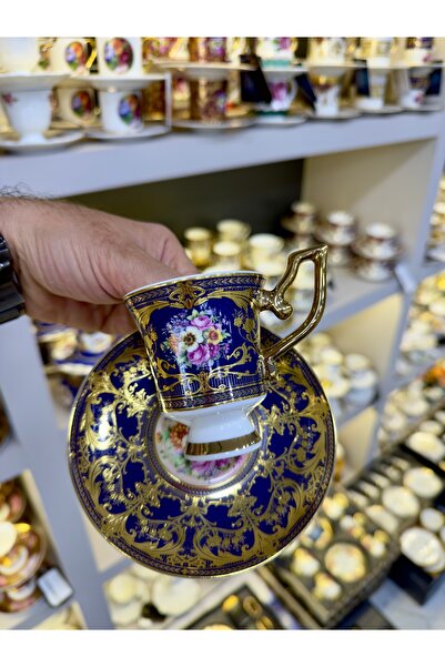 Vakıf home 6 Kişilik Porselen Ayaklı Lacivert Renk Gold Acar Porselen Kahve F...