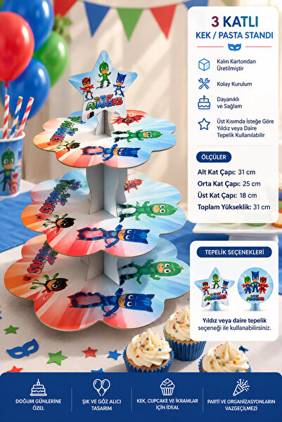 essen party PJ Masks Pijamaskeliler 3 Katlı Karton Kek Pasta Cupcake Standı 3...