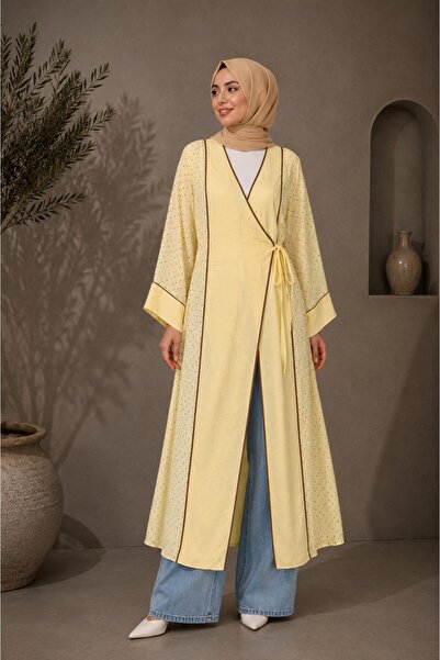 Nes Moda Kadın Geniş Kol Bağcıklı Puantiye Detaylı Uzun Tesettür Kimono