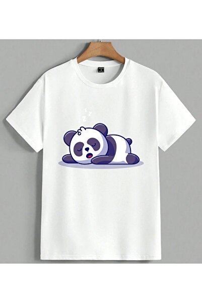 ELFERA تي شيرت أبيض كبير الحجم مطبوع عليه Sleeping Panda Cute للجنسين