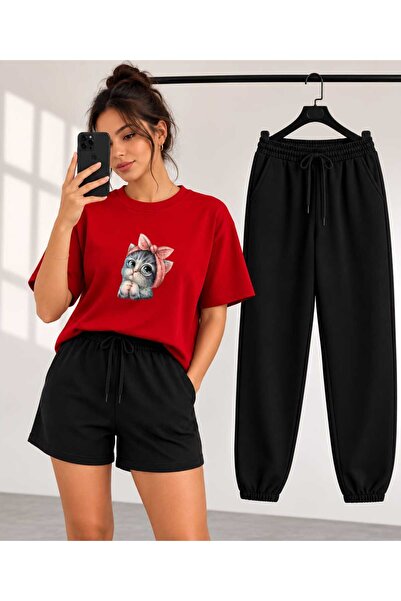 CLOTHES33 طقم علوي وسفلي - أحمر - كاجوال