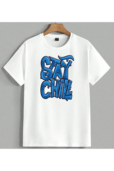 ELFERA Μπλουζάκι Unisex Oversize με στάμπα Blue Graffiti Stay Chill, Λευκό