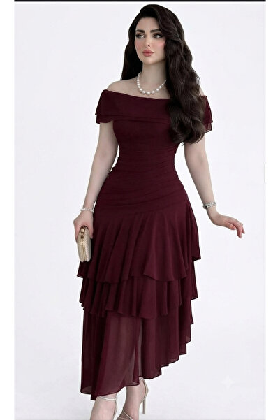 CACHE MONNEY Burgundy Off-Shoulder Layered Evening Dress