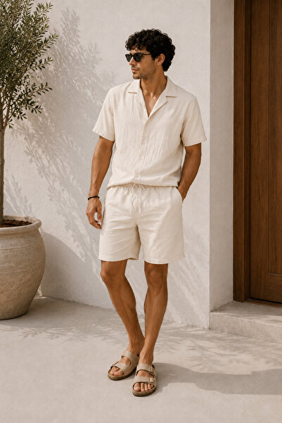 mavisima erkek giyimi Men's Cream Color Summer Linen Shirt Shorts Set – Comfo...
