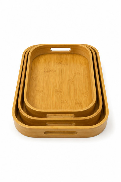 NATUREL DEKOR Set of 3 Rectangular Trays with Bamboo Handles - Decorative, Bo...