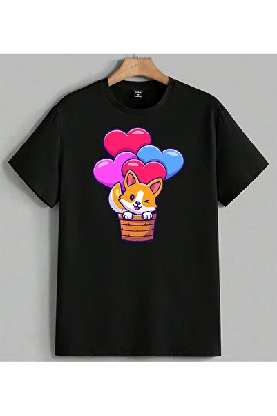ELFERA Corgi Balloon Love Illustration Printed Unisex Oversize T-Shirt Black