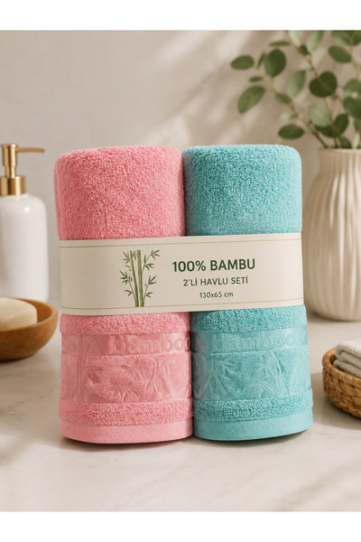 İQON Set of 2 100% Bamboo Bath Towels Pink-Turquoise (65X130 cm)