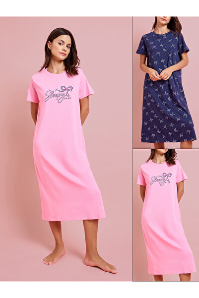 Styli Pack of 2 - Bow Print Graphic Print Sleep T-Shirt Dress