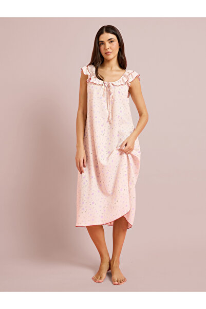 Styli Pink Ditsy Floral Ruffle Neck Front Tie Nightdress