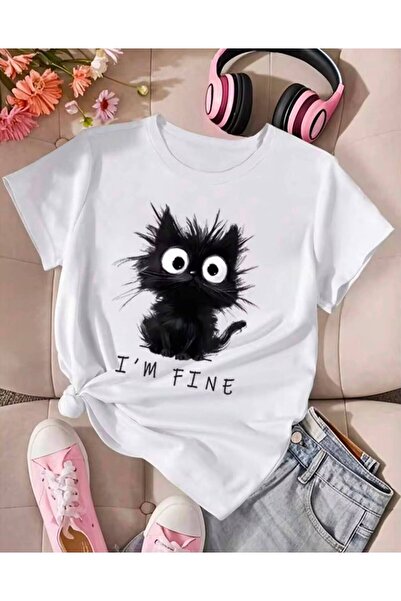 MORNİNG KİDS Girl's I'M Fine Cat Printed Crew Neck White T-Shirt