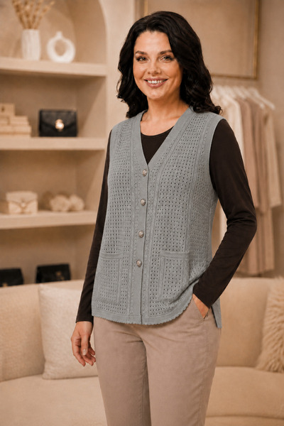 QYA Clothing سترة نسائية منسوجة من خيوط مرسيريزد مزينة بأزرار وجيوب وفتحة جانبية