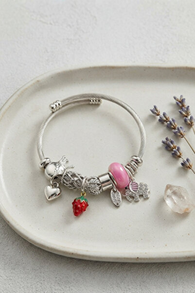 evimdeyokyok Elephant Strawberry and Heart Charm Bracelet Tj-Bb8817