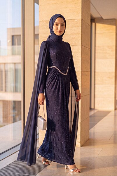 Modamorfo High Collar Stone Detailed Chiffon Cape Lined Glitter Jersey Evenin...