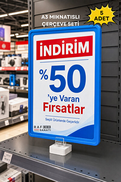Raf Sanatı 5 Adet - A3 Mavi Güçlü Mıknatıslı Fiyatlık Etiketlik – Dikey Yatay...