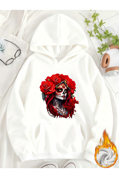 Deocept Unisex Γυναικείο φούτερ με στάμπα κρανίου, με τσέπη καγκουρό, άνετη ε...