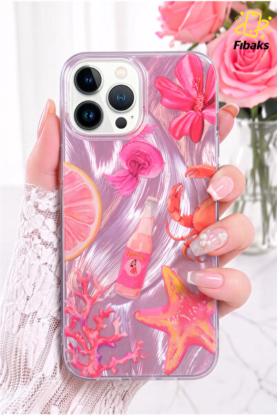 Fibaks iPhone 14 Pro Max Kılıf Hologramlı Pembe Yengeç Mercan Desenli Darbe E...