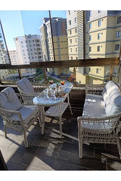 Alle Garden Mini Çay Seti 4 Kişilik Rattan Balkon Takımı Masalı Bahçe Teras V...