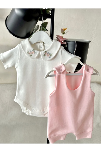 Mama Miel Baby Pink Combed Cotton Salopet and Floral Embroidered Collar Detailed Bodysuit Set 100% Cotton / Ophelia