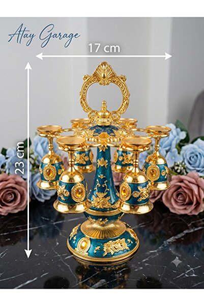 Atay Garage Vintage Gold & Zümrüt Yeşili 6'lı Lüks Kadeh Seti ve Standı (23x1...