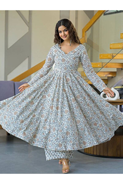MYSMAR White & Blue Floral Viscose Kurti Set - VRN1005 | White & Blue-Size:S-...